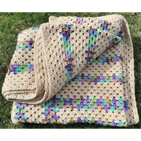 Tan & Mermaid Rainbow 71 X 83 Crochet Blanket Bedspread Love Granny Cottage Core - Picture 1 of 8